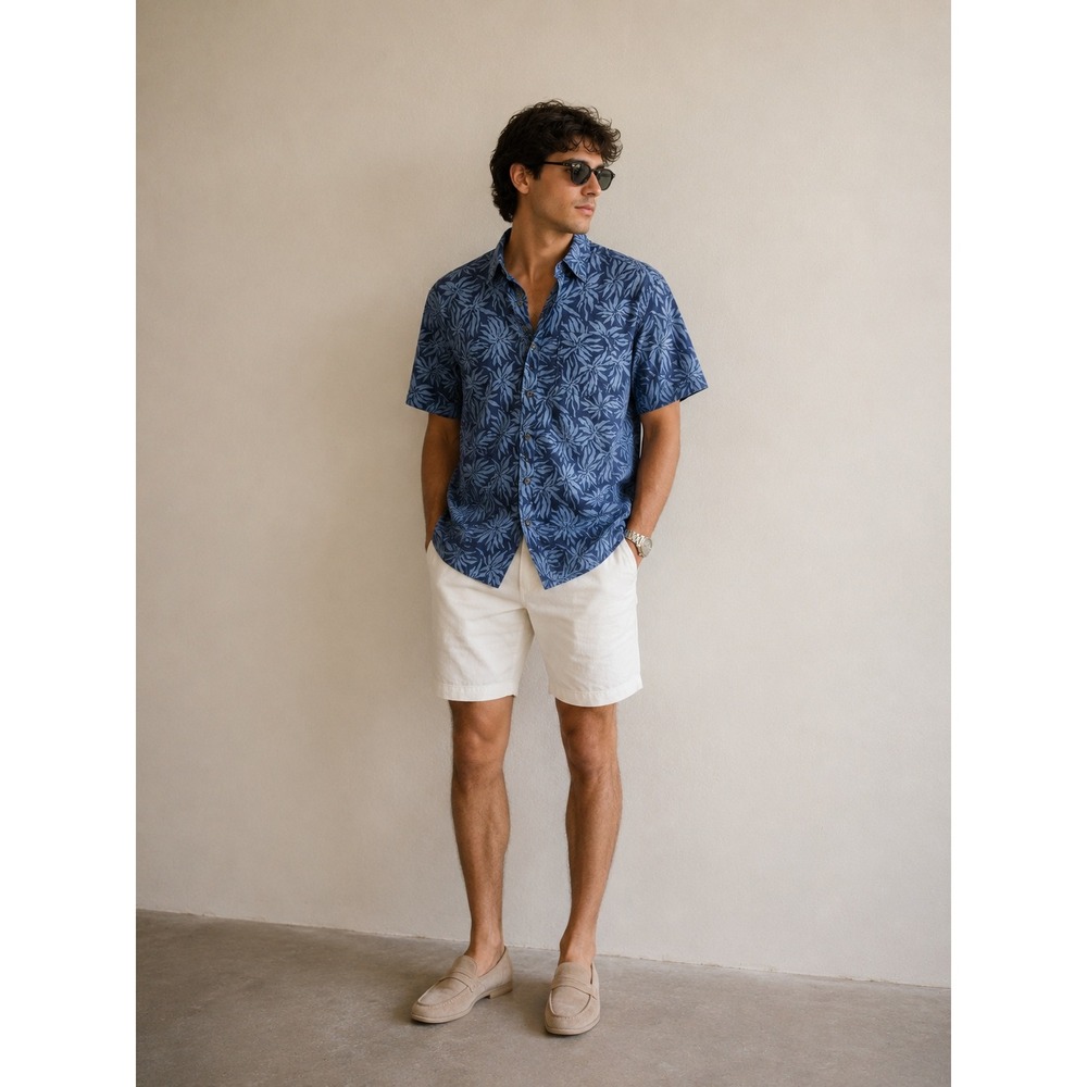 Eddie Bauer Blue Tropical Leaf Print Button Down Shirt L Coastal Grandpa‎ Resort